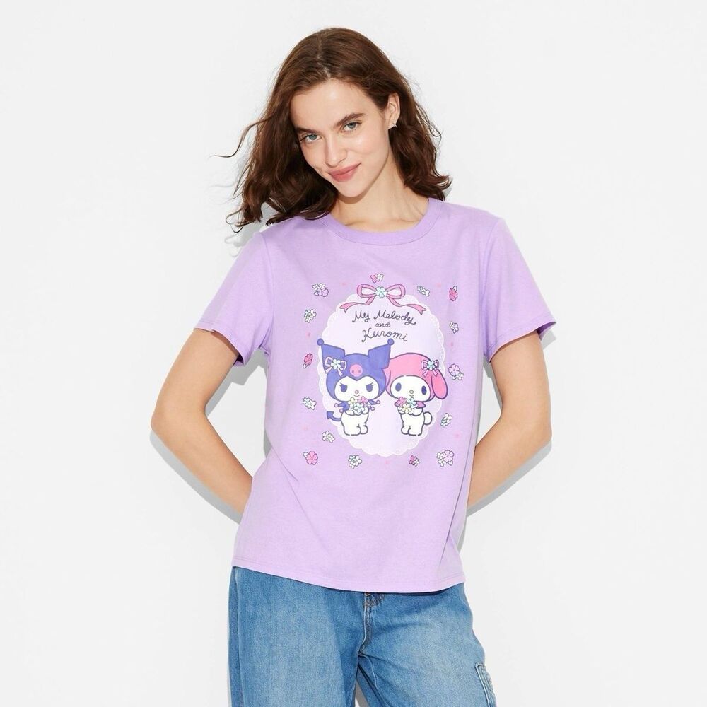 My Melody and Kuromi Short Sleeve Graphic Shirt Purple Flower Women Large Sanrio